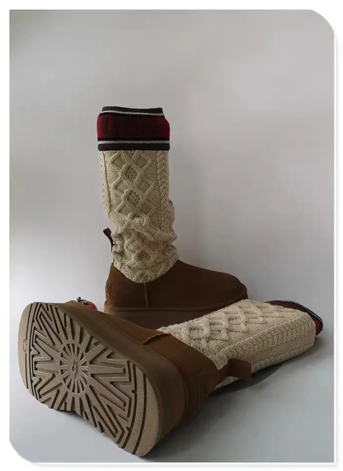 💰600 UGG sheepskin all-in-one snow boots 4045 UGG snow boots new winter pure hand-knitted wool socks and fur all-in-one warm anti-slip high cotton boots Color: maroon black Matching code: 35-40